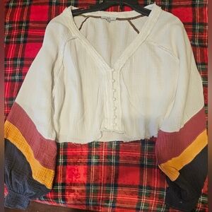 FATE bohemian Lagenlook Cotton Color Blocked balloon sleeves top womens size L